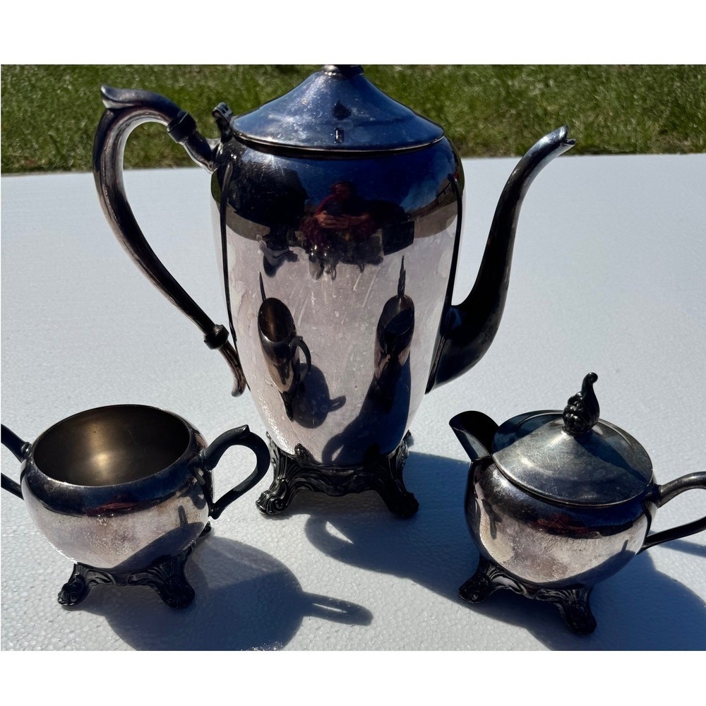 F.B. Rogers Silver Co Tea Set 3 Piece Silver Plate 1088 Teapot Sugar Creamer Set
